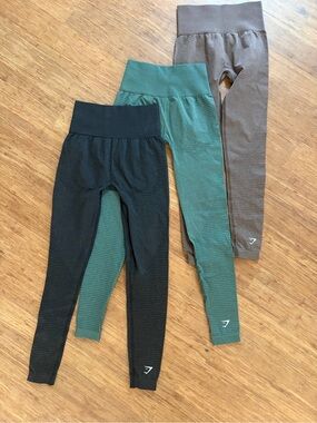 3 PAIRS Gymshark VITAL REGULAR LEGGINGS, Green, espresso, black, Sz XXS (0-2)